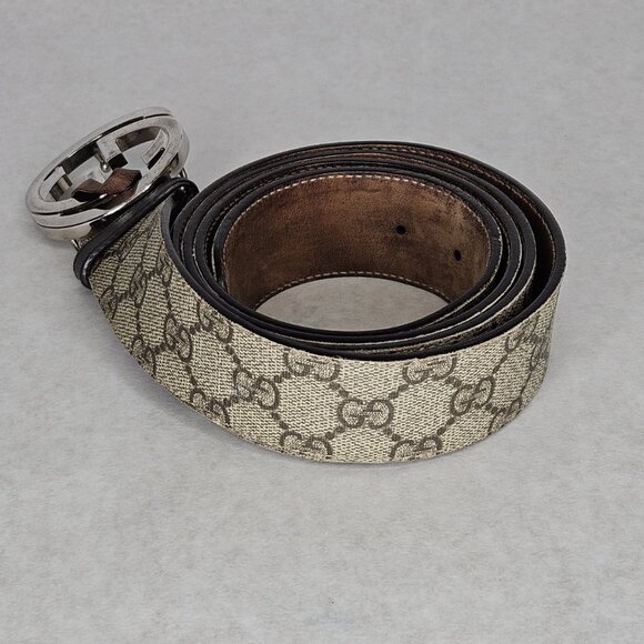 Men's Gucci Supreme GG Canvas Leather Belt 51 Inches Long 1.5" Wide 1 Tear - Picture 2 of 12